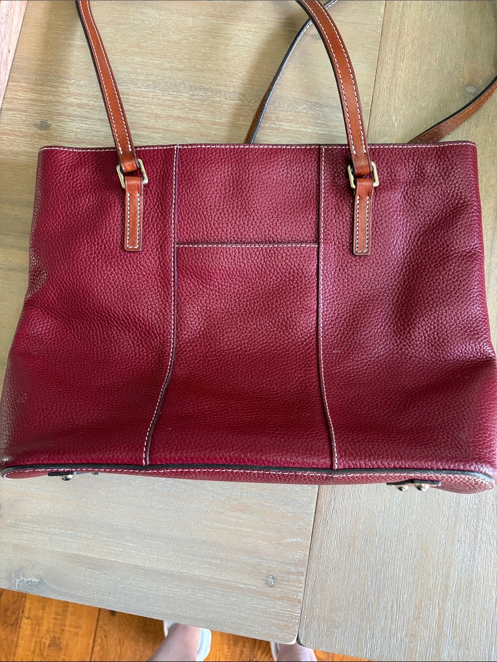 Dooney & Bourke Red Burgundy Pebbled Leather Tote with Brown Straps - Picture 4 of 5